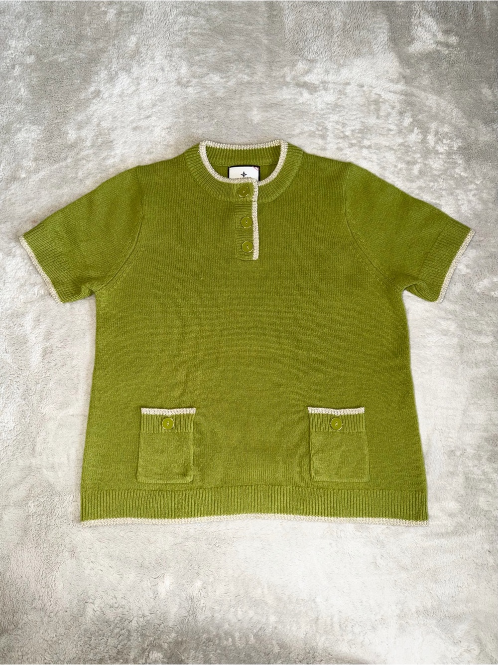 Tuckernuck Olive Green Short-Sleeve Crewneck Sweater Metallic Trim Women’s Small